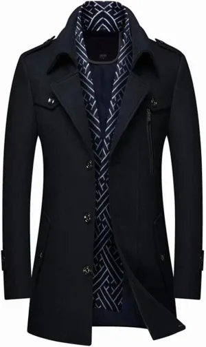 INVACHI Men's Wool Blend Coat Warm Winter Trench Coat with Detachable Soft Scarf Single Breasted Pea Coat
