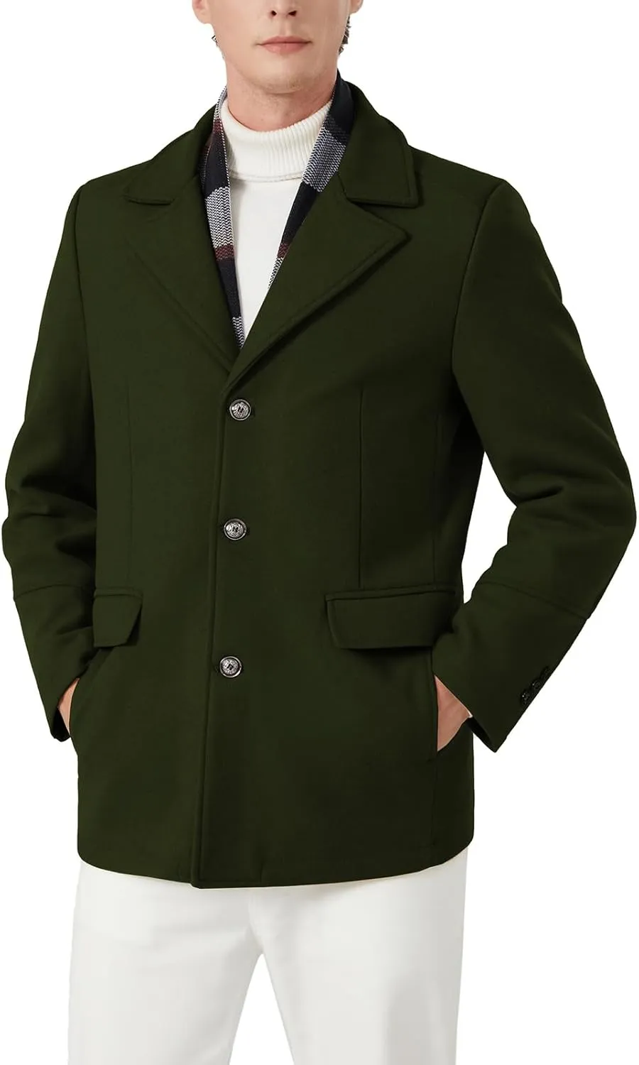 INVACHI Men's Wool Blend Pea Coat Warm Winter Trench Coat with Detachable Soft Scarf Single Breasted Overcoat