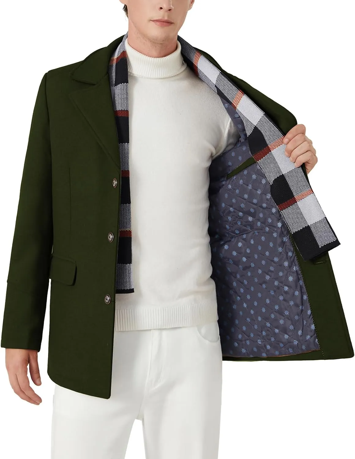 INVACHI Men's Wool Blend Pea Coat Warm Winter Trench Coat with Detachable Soft Scarf Single Breasted Overcoat