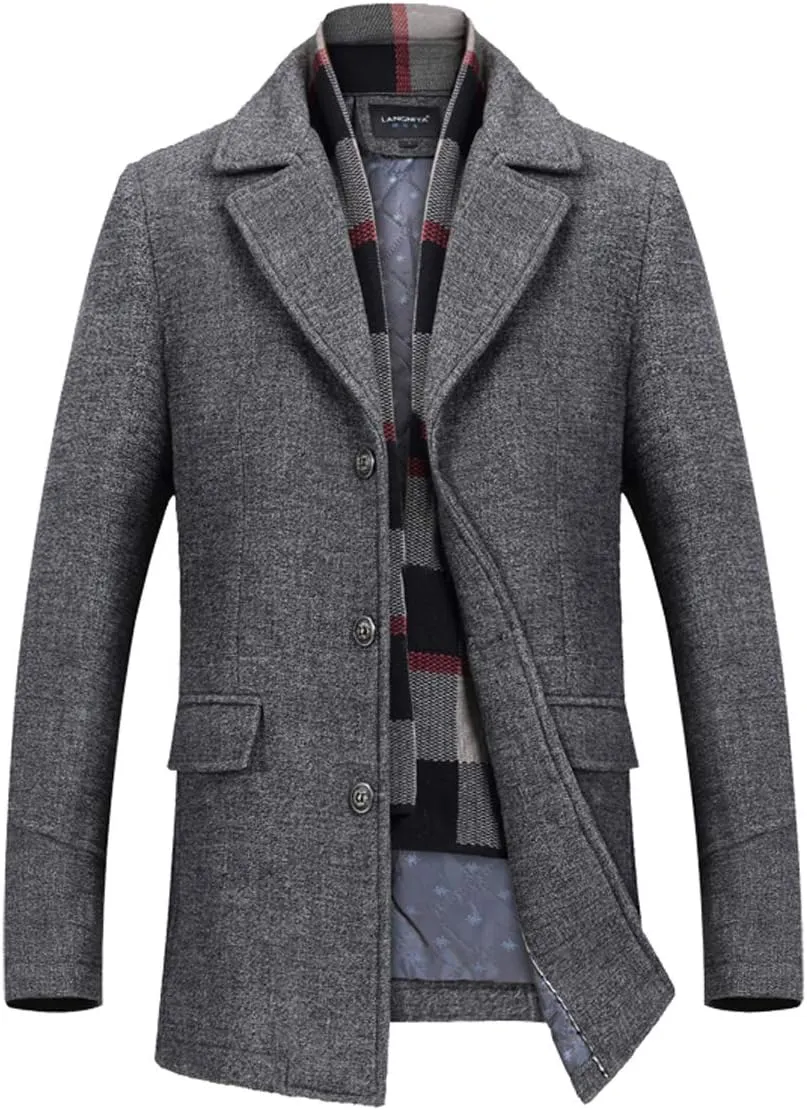 INVACHI Men's Wool Blend Pea Coat Warm Winter Trench Coat with Detachable Soft Scarf Single Breasted Overcoat