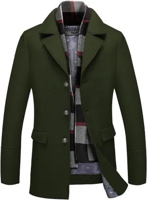 INVACHI Men's Wool Blend Pea Coat Warm Winter Trench Coat with Detachable Soft Scarf Single Breasted Overcoat