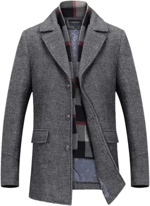 INVACHI Men's Wool Blend Pea Coat Warm Winter Trench Coat with Detachable Soft Scarf Single Breasted Overcoat