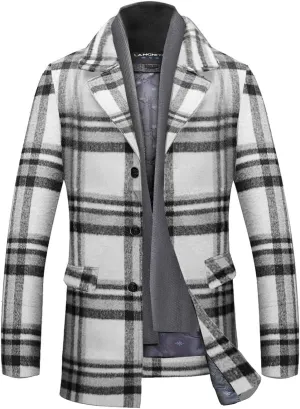 INVACHI Men's Wool Blend Pea Coat Warm Winter Trench Coat with Detachable Soft Scarf Single Breasted Overcoat