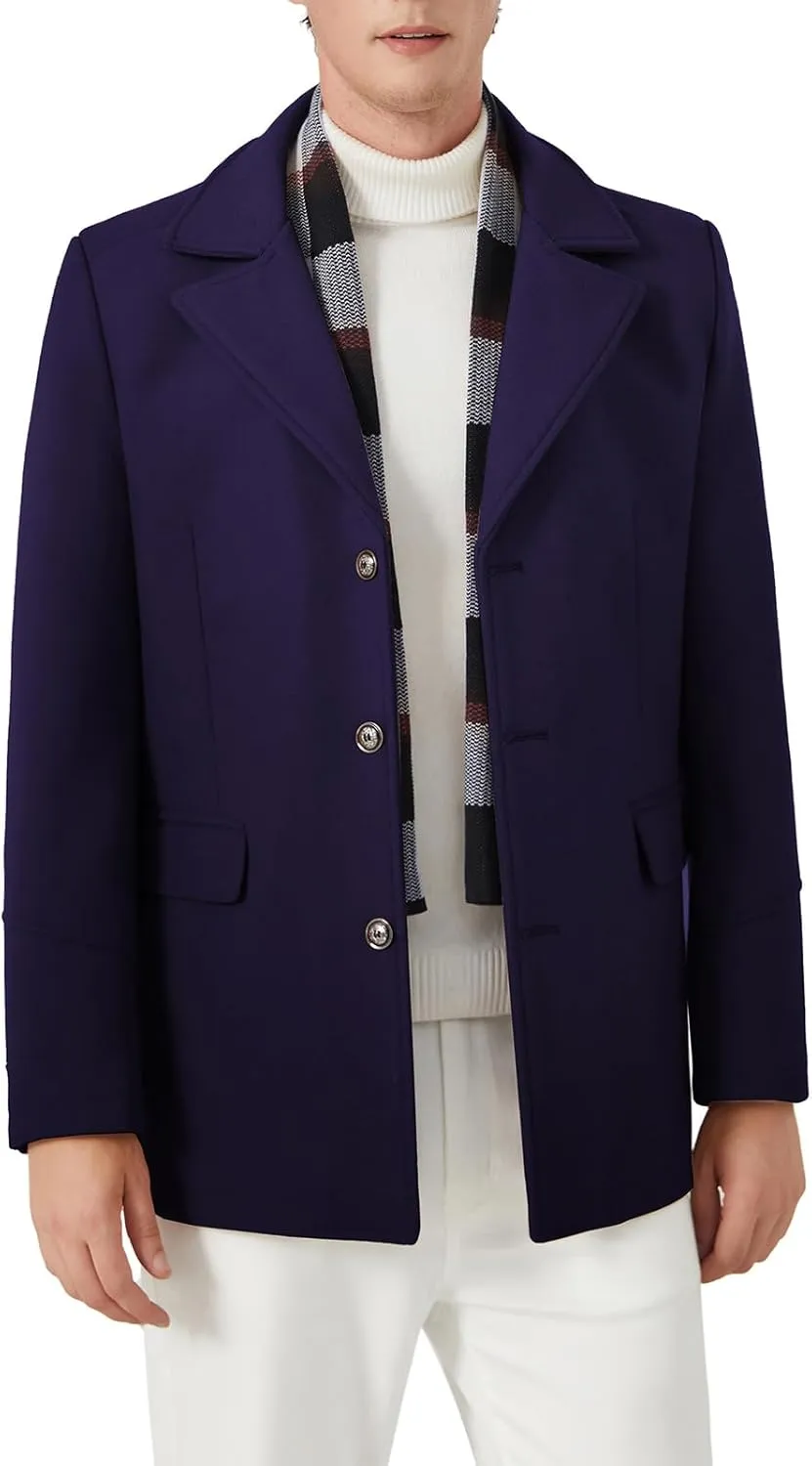 INVACHI Men's Wool Blend Pea Coat Warm Winter Trench Coat with Detachable Soft Scarf Single Breasted Overcoat