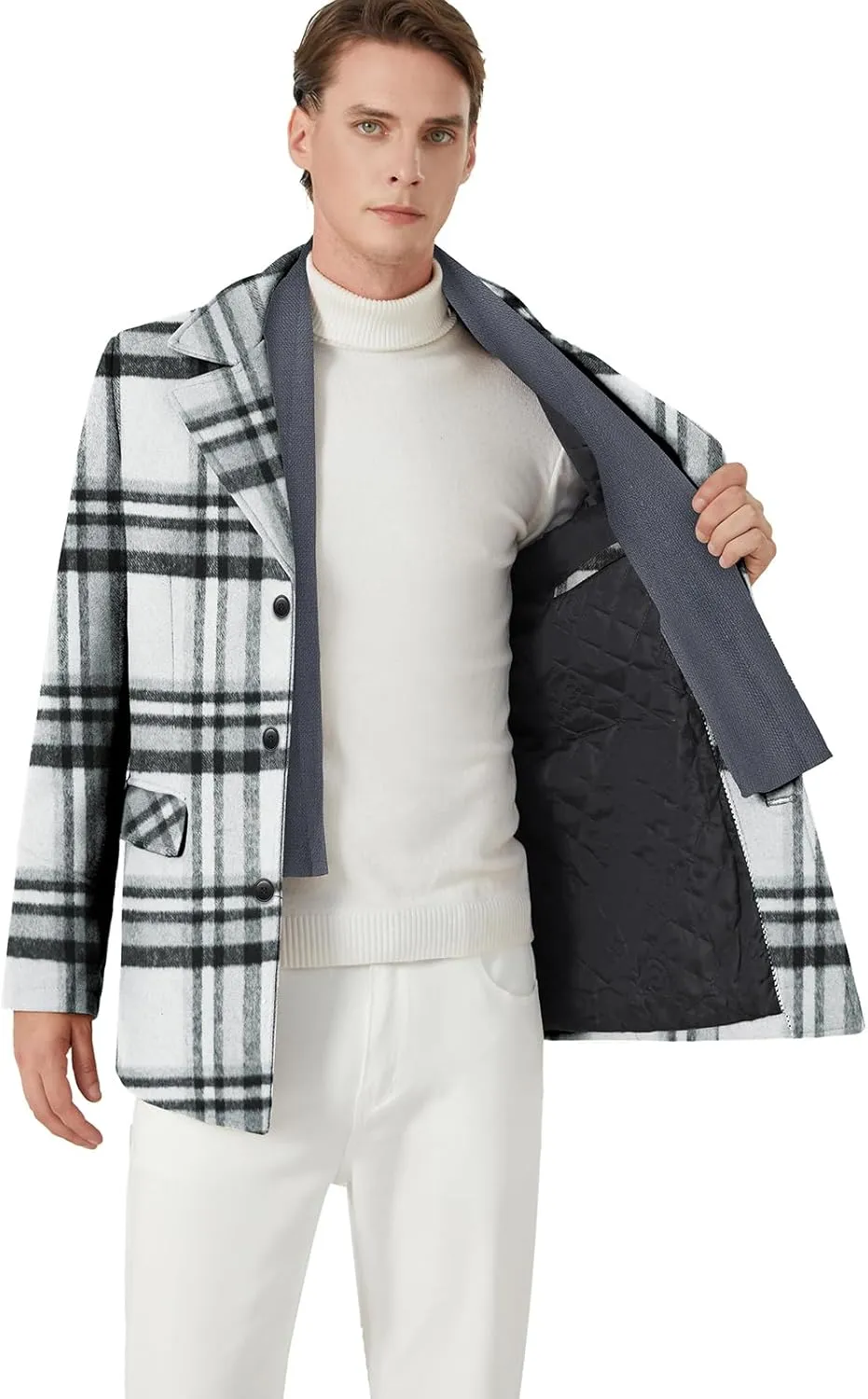 INVACHI Men's Wool Blend Pea Coat Warm Winter Trench Coat with Detachable Soft Scarf Single Breasted Overcoat