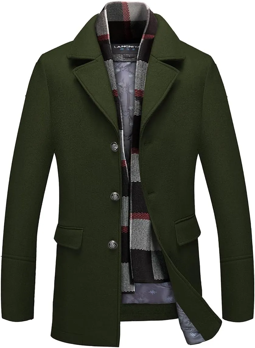 INVACHI Men's Wool Blend Pea Coat Warm Winter Trench Coat with Detachable Soft Scarf Single Breasted Overcoat