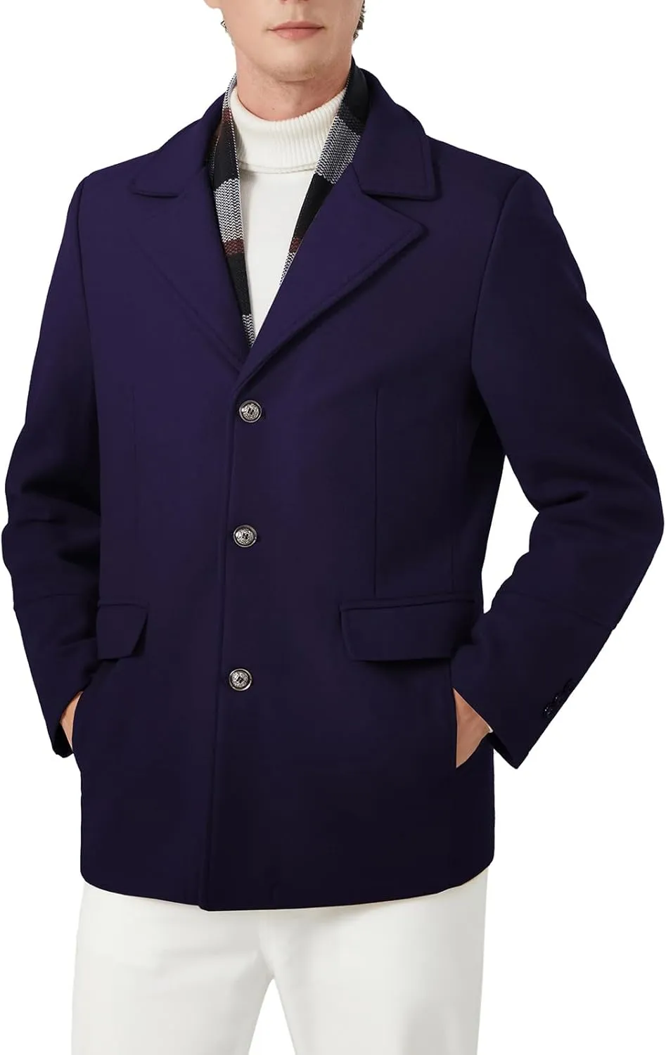INVACHI Men's Wool Blend Pea Coat Warm Winter Trench Coat with Detachable Soft Scarf Single Breasted Overcoat