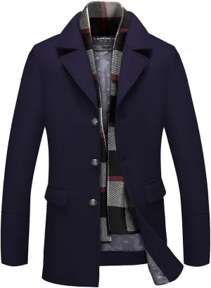 INVACHI Men's Wool Blend Pea Coat Warm Winter Trench Coat with Detachable Soft Scarf Single Breasted Overcoat