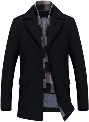 INVACHI Men's Wool Blend Pea Coat Warm Winter Trench Coat with Detachable Soft Scarf Single Breasted Overcoat