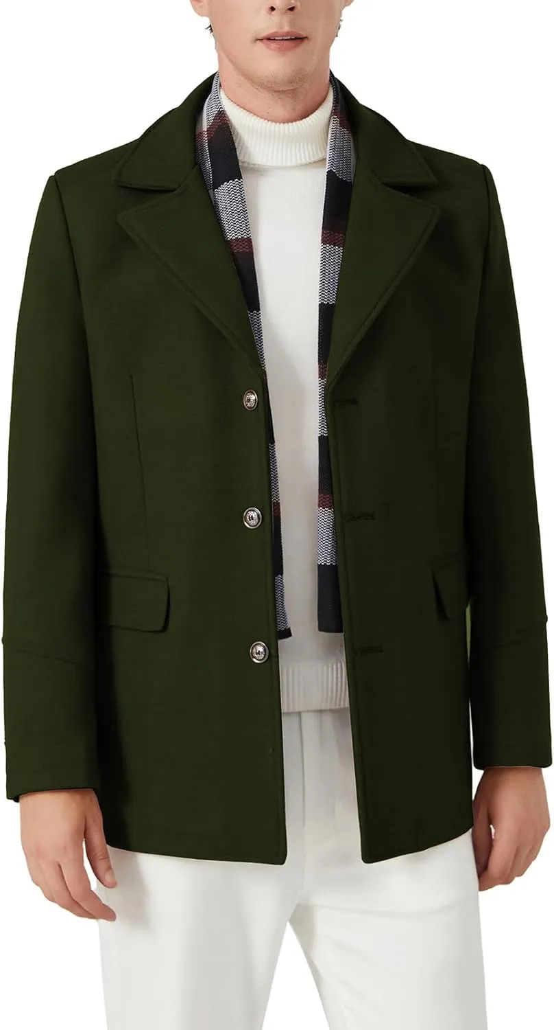 INVACHI Men's Wool Blend Pea Coat Warm Winter Trench Coat with Detachable Soft Scarf Single Breasted Overcoat