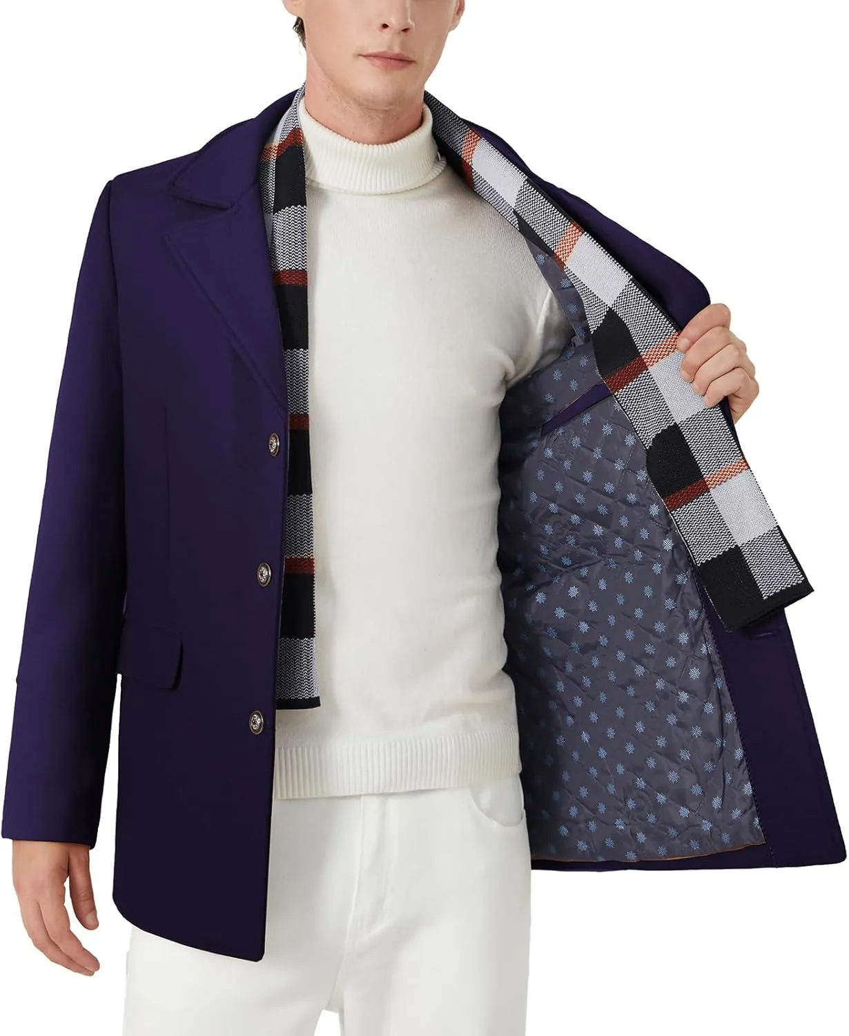 INVACHI Men's Wool Blend Pea Coat Warm Winter Trench Coat with Detachable Soft Scarf Single Breasted Overcoat