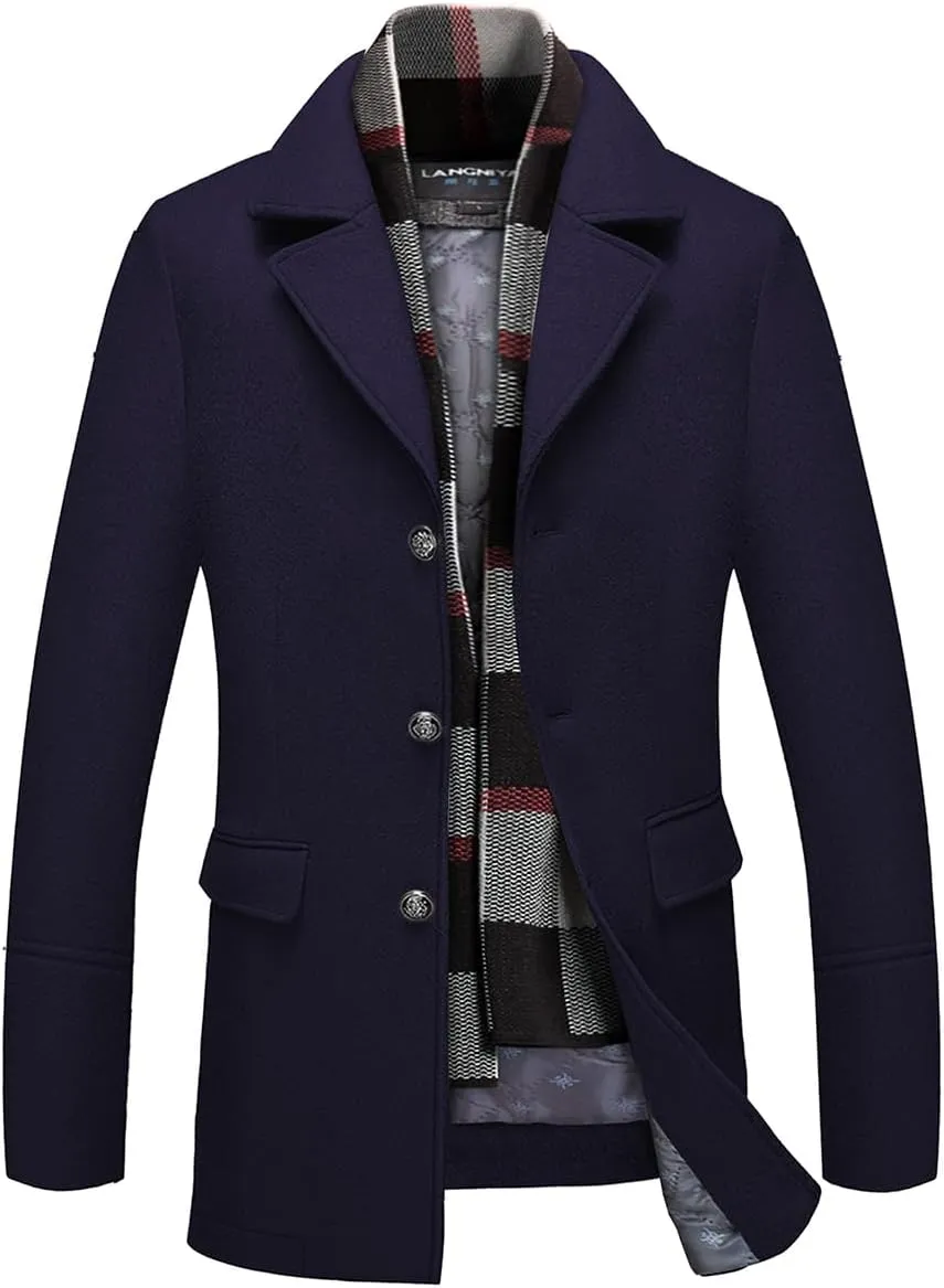 INVACHI Men's Wool Blend Pea Coat Warm Winter Trench Coat with Detachable Soft Scarf Single Breasted Overcoat