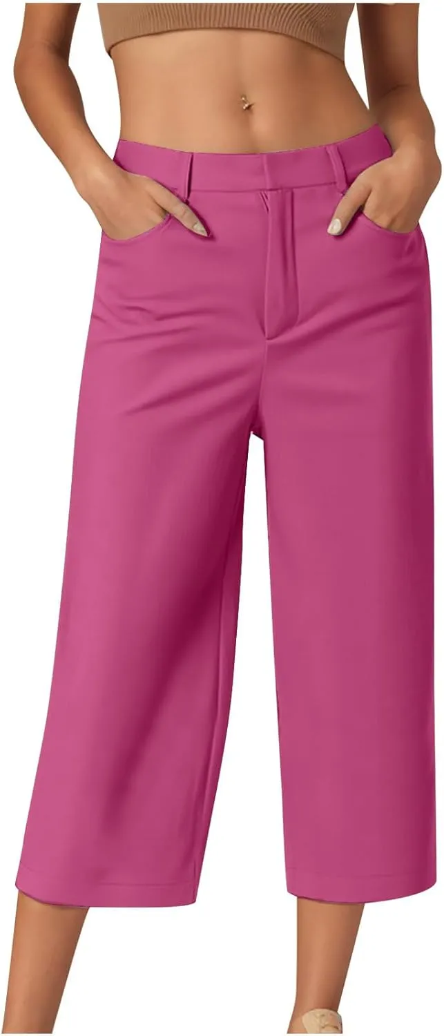 JIEMUXIU Capri Pants for Women Summer 2025 Casual Stretch Pants Loose Comfy Trendy Elastic Waist Cropped Trouser Beach Pants