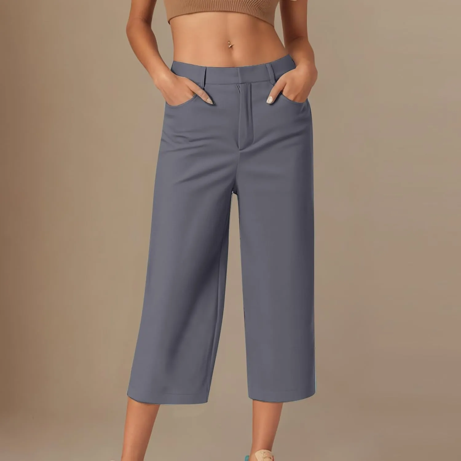 JIEMUXIU Capri Pants for Women Summer 2025 Casual Stretch Pants Loose Comfy Trendy Elastic Waist Cropped Trouser Beach Pants