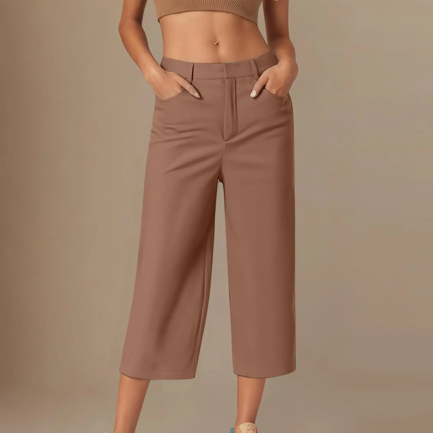 JIEMUXIU Capri Pants for Women Summer 2025 Casual Stretch Pants Loose Comfy Trendy Elastic Waist Cropped Trouser Beach Pants