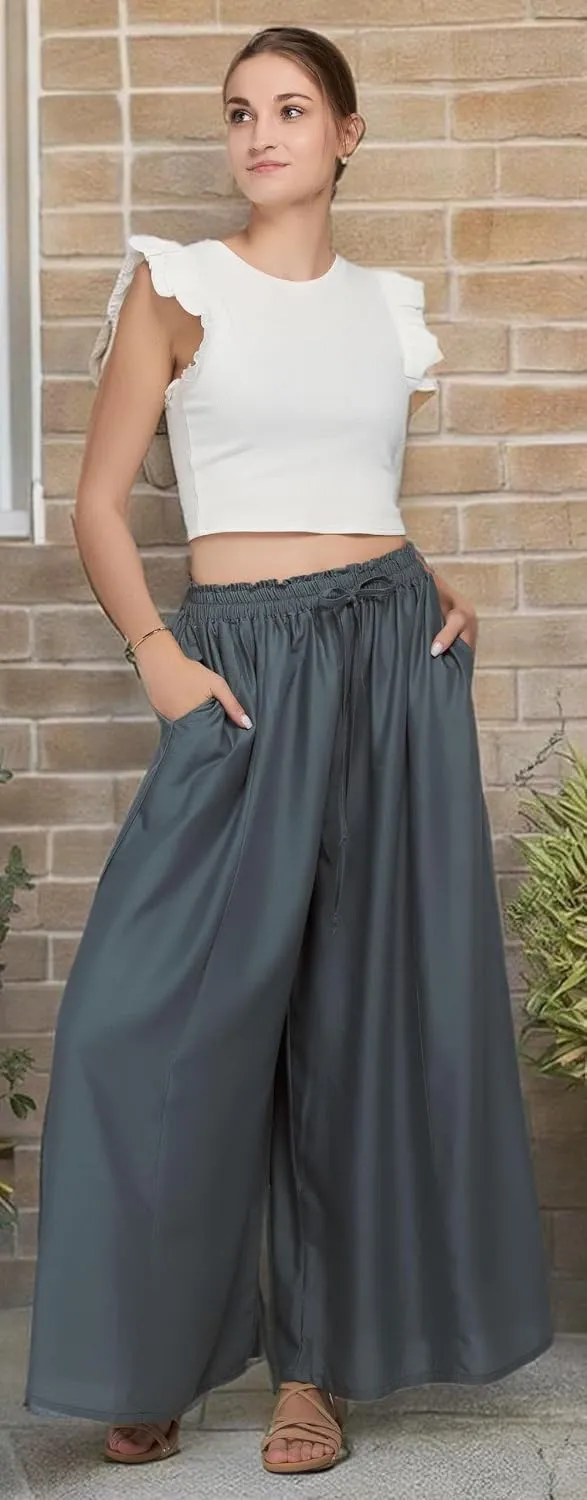 Joob Joob Wide Leg Pants for Women - High Waist Casual Women's Palazzo Pants - Flowy Elastic Waisted Trousers with Pockets