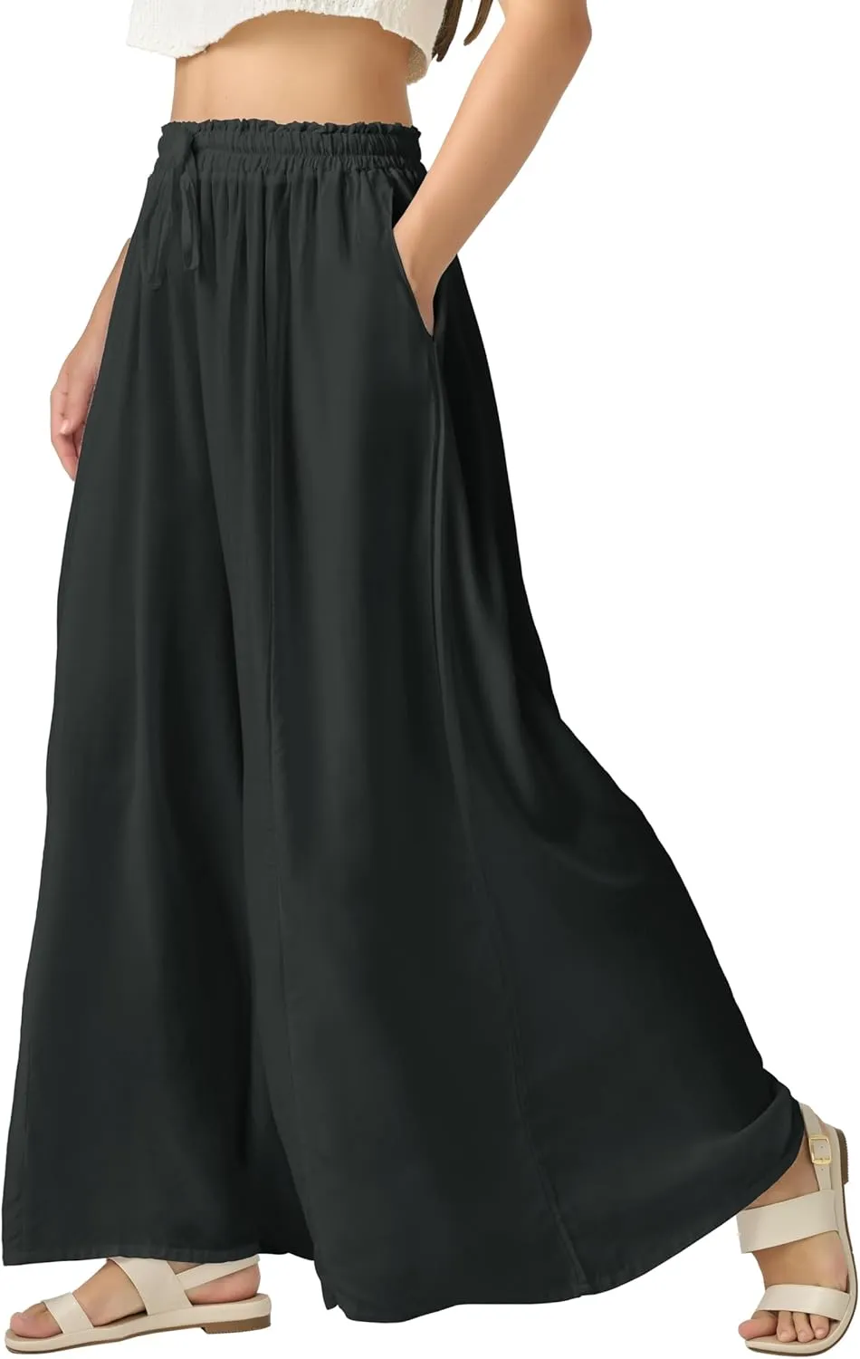 Joob Joob Wide Leg Pants for Women - High Waist Casual Women's Palazzo Pants - Flowy Elastic Waisted Trousers with Pockets