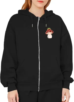KEEVICI Cute Mushroom Frog Zip Up Hoodies for Teen Girls Oversized Y2k Cottagecore Aesthetic Sweatshirt Cotton Zipper Hoodie