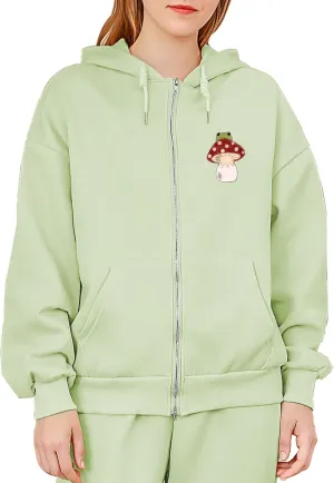 KEEVICI Cute Mushroom Frog Zip Up Hoodies for Teen Girls Oversized Y2k Cottagecore Aesthetic Sweatshirt Cotton Zipper Hoodie