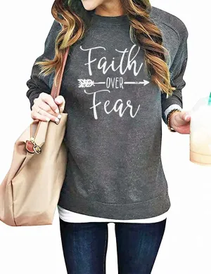 KNEYATTA Women Faith Over Fear Pullover Christian Letter Inspirational Sweatshirt Crewneck Long Sleeve Fall tee Shirt
