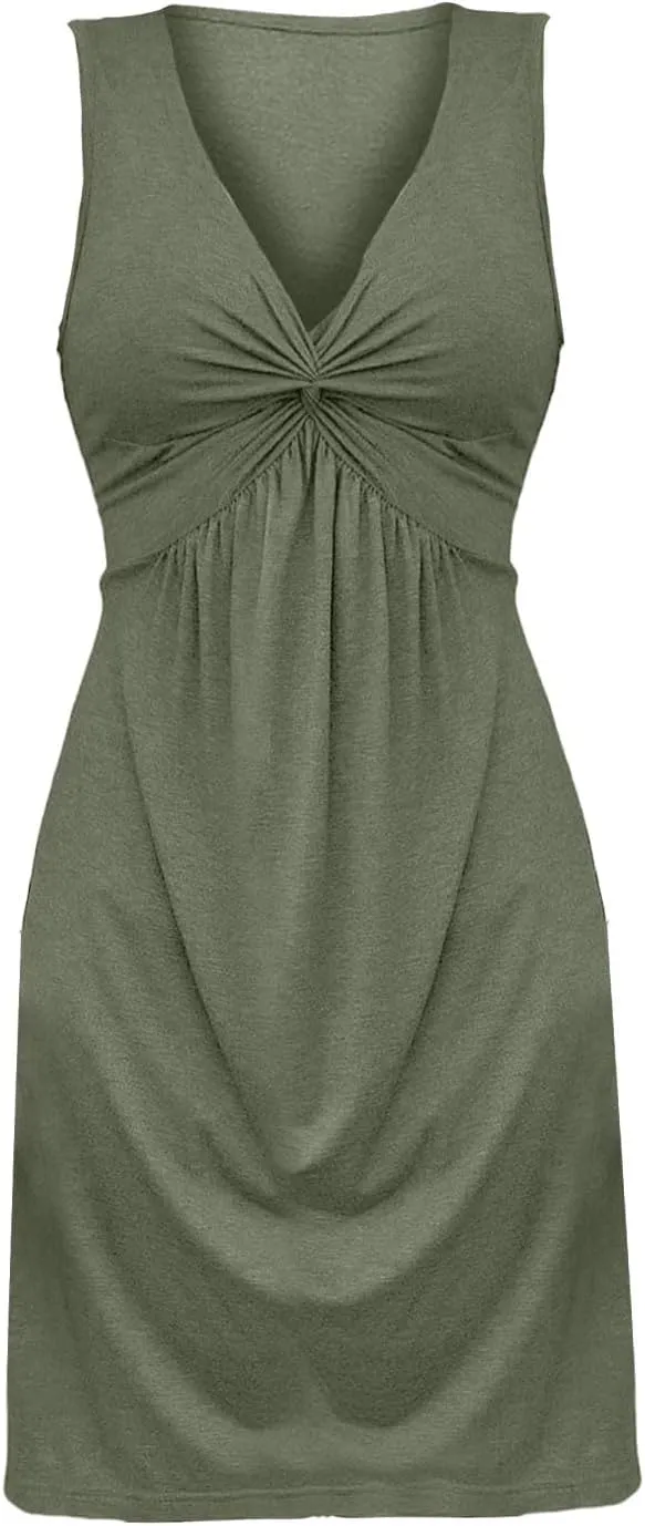 Knotted Front Summer Cotton Casual Vacation V Neck Tank&Sleeve Dresses Plus Size A Line Style Cocktail Slutty Warp