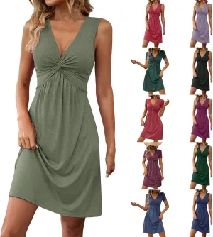 Knotted Front Summer Cotton Casual Vacation V Neck Tank&Sleeve Dresses Plus Size A Line Style Cocktail Slutty Warp