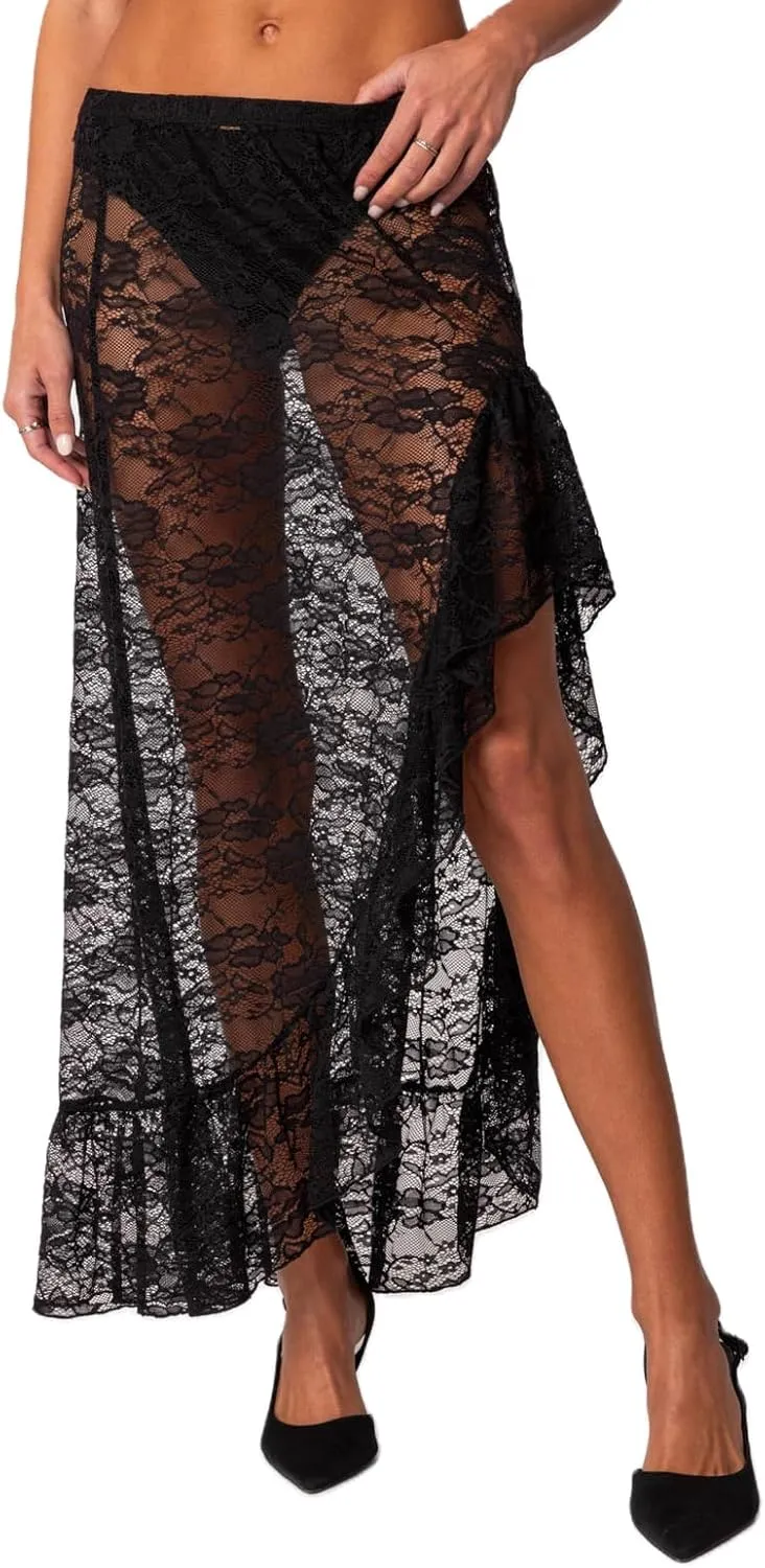 Lace Sheer Maxi Skirts for Women Cute Summer Beach Low Rise Long Skirt See Through Ruffle Y2k Lace Midi Slip Skirts