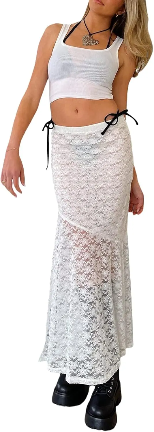 Lace Sheer Maxi Skirts for Women Cute Summer Beach Low Rise Long Skirt See Through Ruffle Y2k Lace Midi Slip Skirts