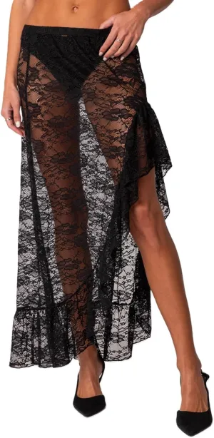 Lace Sheer Maxi Skirts for Women Cute Summer Beach Low Rise Long Skirt See Through Ruffle Y2k Lace Midi Slip Skirts