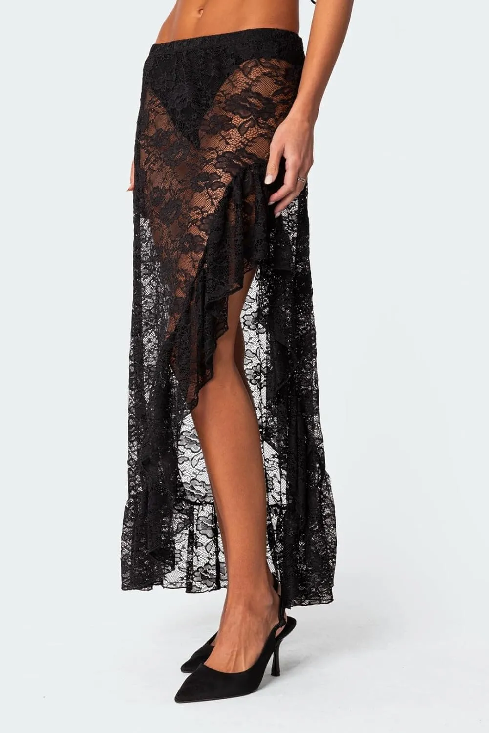 Lace Sheer Maxi Skirts for Women Cute Summer Beach Low Rise Long Skirt See Through Ruffle Y2k Lace Midi Slip Skirts