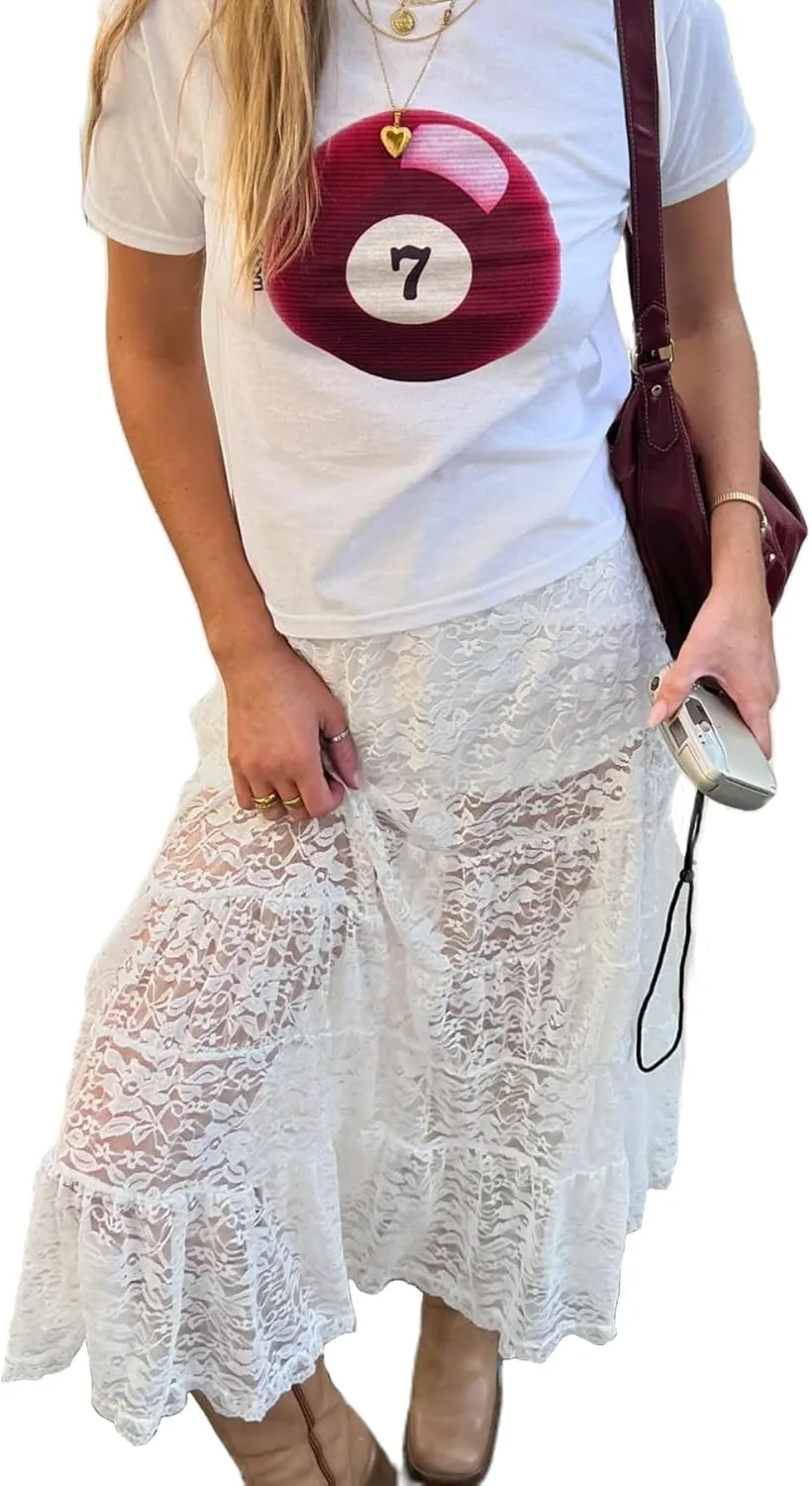 Lace Sheer Maxi Skirts for Women Cute Summer Beach Low Rise Long Skirt See Through Ruffle Y2k Lace Midi Slip Skirts