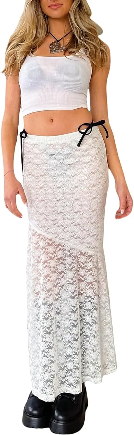 Lace Sheer Maxi Skirts for Women Cute Summer Beach Low Rise Long Skirt See Through Ruffle Y2k Lace Midi Slip Skirts