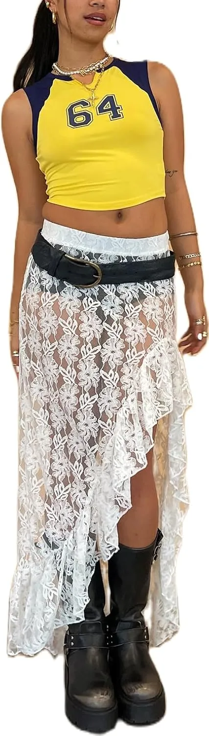 Lace Sheer Maxi Skirts for Women Cute Summer Beach Low Rise Long Skirt See Through Ruffle Y2k Lace Midi Slip Skirts