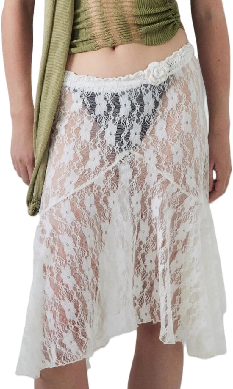 Lace Sheer Maxi Skirts for Women Cute Summer Beach Low Rise Long Skirt See Through Ruffle Y2k Lace Midi Slip Skirts