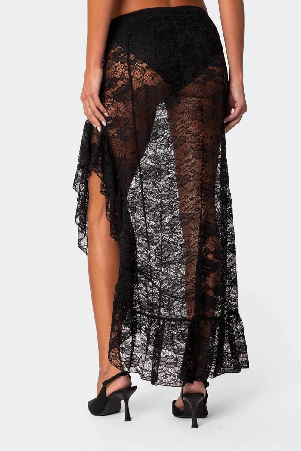 Lace Sheer Maxi Skirts for Women Cute Summer Beach Low Rise Long Skirt See Through Ruffle Y2k Lace Midi Slip Skirts