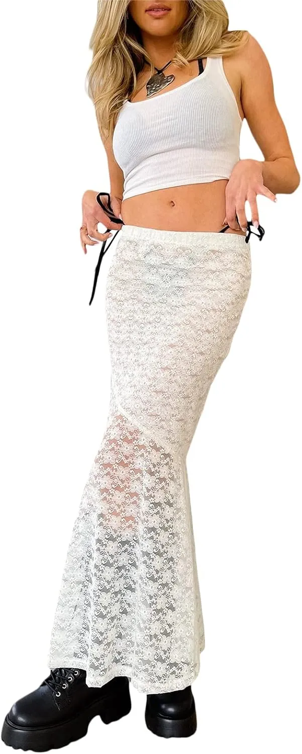 Lace Sheer Maxi Skirts for Women Cute Summer Beach Low Rise Long Skirt See Through Ruffle Y2k Lace Midi Slip Skirts