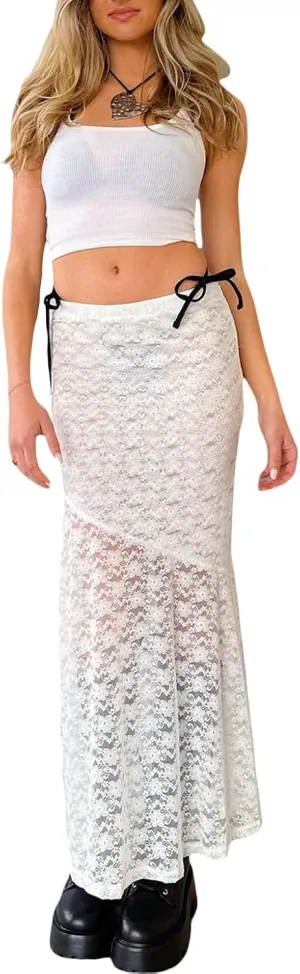 Lace Sheer Maxi Skirts for Women Cute Summer Beach Low Rise Long Skirt See Through Ruffle Y2k Lace Midi Slip Skirts