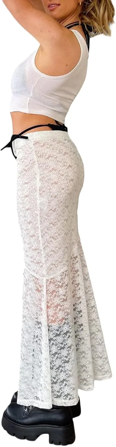 Lace Sheer Maxi Skirts for Women Cute Summer Beach Low Rise Long Skirt See Through Ruffle Y2k Lace Midi Slip Skirts