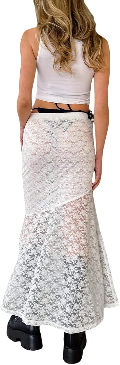 Lace Sheer Maxi Skirts for Women Cute Summer Beach Low Rise Long Skirt See Through Ruffle Y2k Lace Midi Slip Skirts