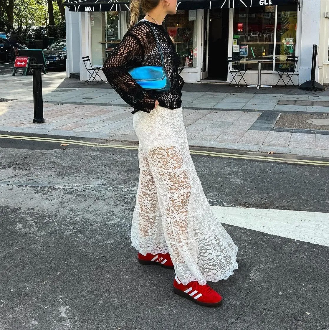 Lace Sheer Maxi Skirts for Women Cute Summer Beach Low Rise Long Skirt See Through Ruffle Y2k Lace Midi Slip Skirts