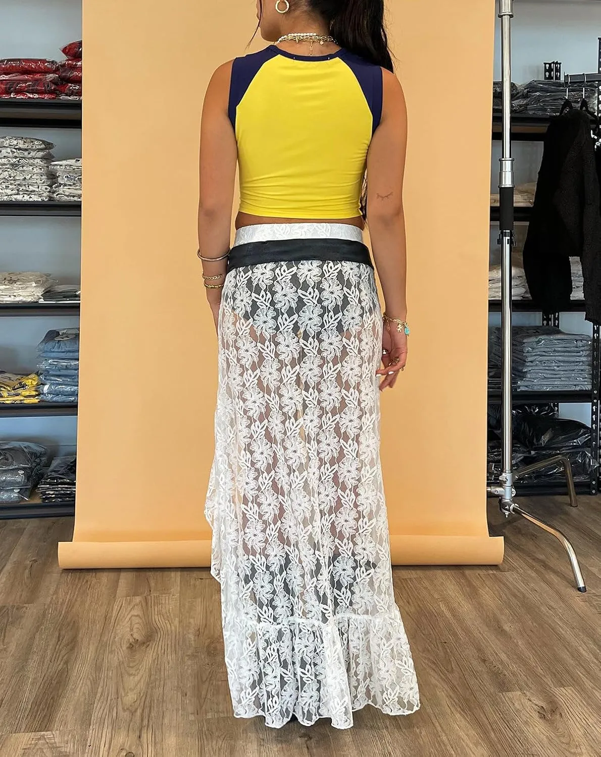 Lace Sheer Maxi Skirts for Women Cute Summer Beach Low Rise Long Skirt See Through Ruffle Y2k Lace Midi Slip Skirts