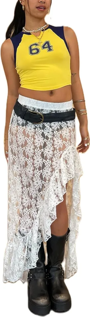 Lace Sheer Maxi Skirts for Women Cute Summer Beach Low Rise Long Skirt See Through Ruffle Y2k Lace Midi Slip Skirts