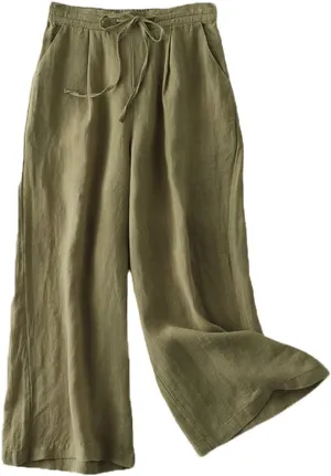 LaovanIn Women's Wide Leg Palazzo Pants Linen Drawstring Cropped Pants Trousers Culottes