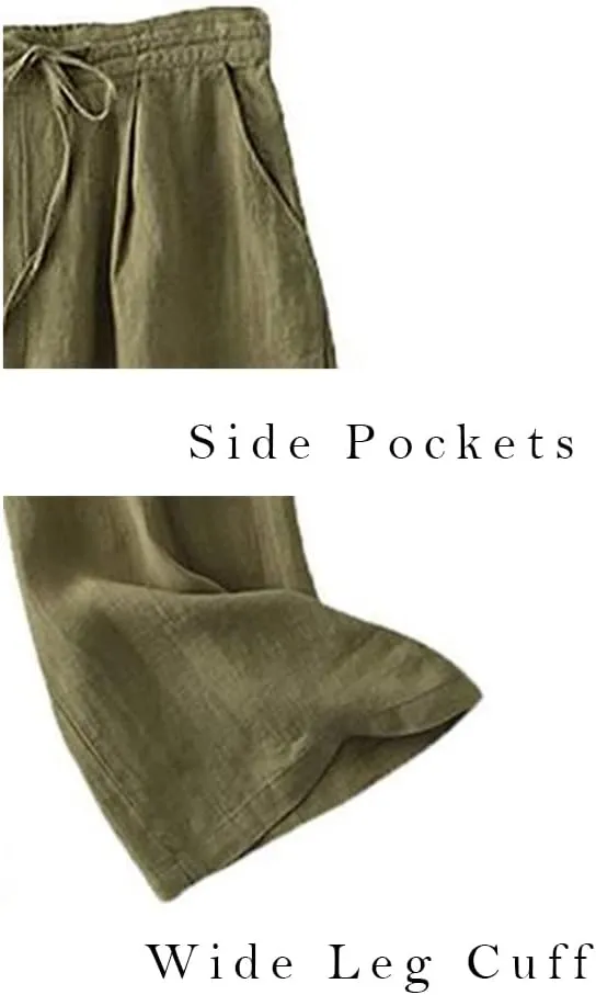 LaovanIn Women's Wide Leg Palazzo Pants Linen Drawstring Cropped Pants Trousers Culottes