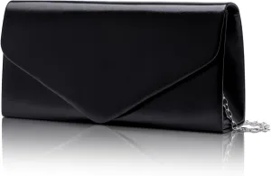 Larcenciel Clutch Purse for Women, Black Leather Evening Bag with Chain Strap, Elegant Envelope Party Bags Ladies Handbags for Formal Events, Wedding, Cocktail, Prom, Homecoming, 8.7 x 4.4 x 2.1 inch