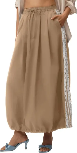 Lentta Womens Lace Stripe Bubble Maxi Skirt Ankle Length Drawstring Elastic Waisted Summer Midi Skirts with Pockets