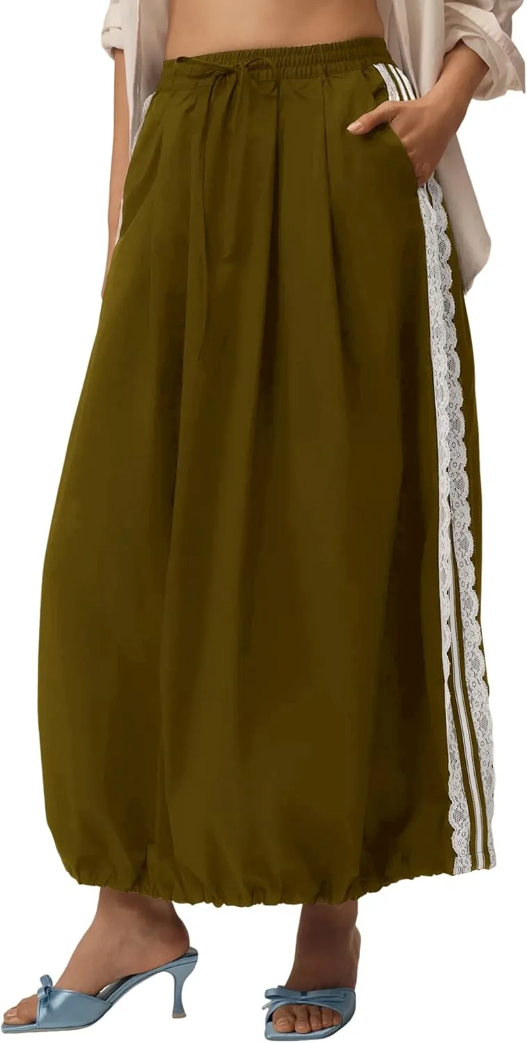 Lentta Womens Lace Stripe Bubble Maxi Skirt Ankle Length Drawstring Elastic Waisted Summer Midi Skirts with Pockets