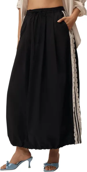 Lentta Womens Lace Stripe Bubble Maxi Skirt Ankle Length Drawstring Elastic Waisted Summer Midi Skirts with Pockets
