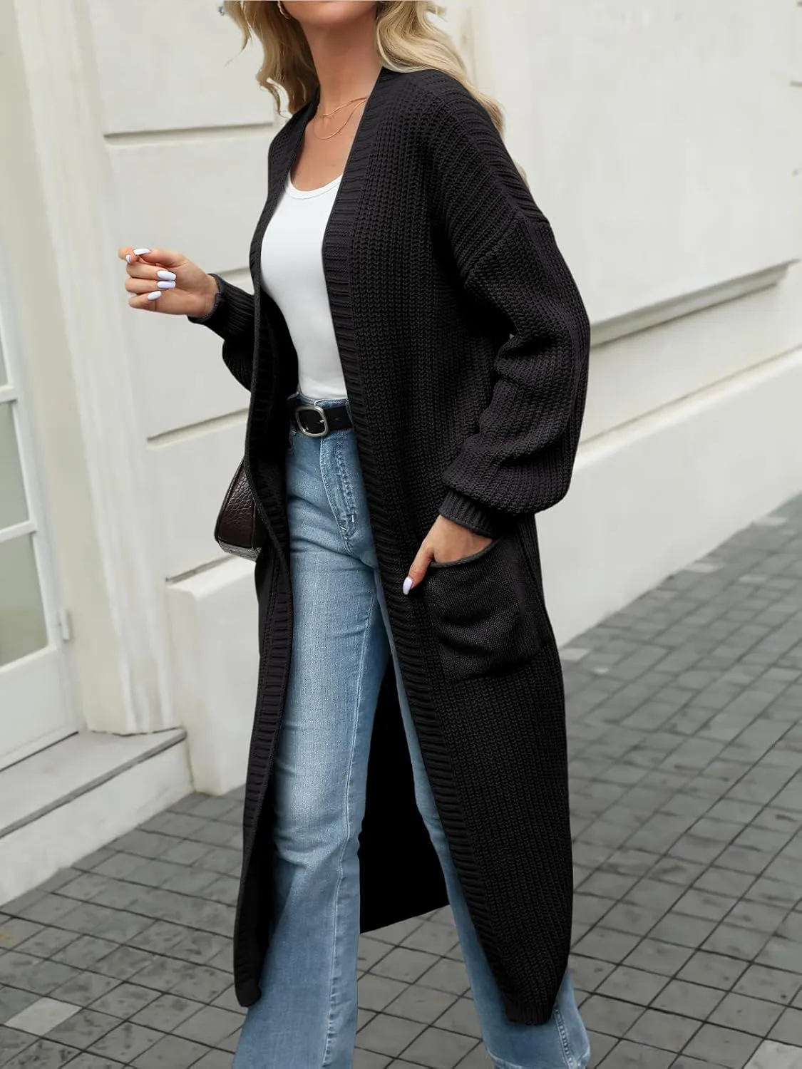 LILLUSORY Women's Oversized Long Cardigan Open Front Duster Sweater with Pockets