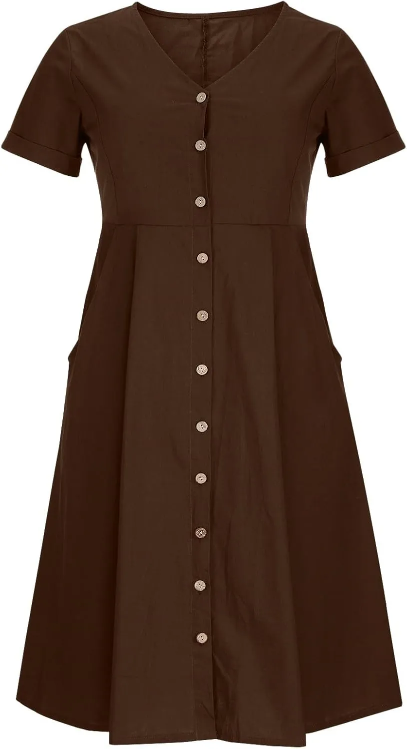 Linen Dresses for Women 2025 Short Sleeve V Neck Plus Size Midi Shirt Dress Flowy Loose Button Down Dress with Pockets